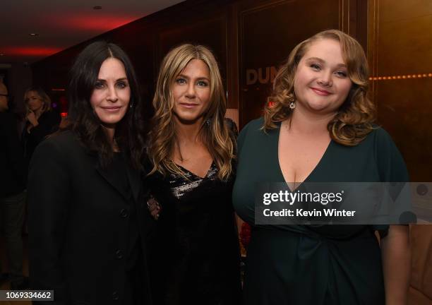 Courteney Cox, Jennifer Aniston and Danielle MacDonald pose at the after party for the premiere of Netflix's "Dumplin'" at Sunset Tower on December...