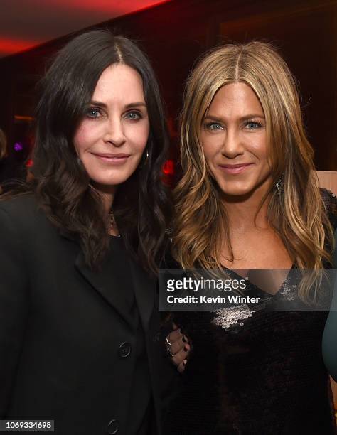 Courteney Cox and Jennifer Aniston pose at the after party for the premiere of Netflix's "Dumplin'" at Sunset Tower on December 6, 2018 in Los...
