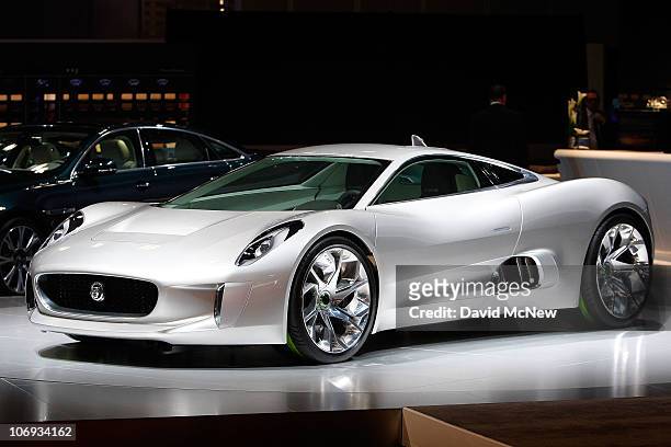 Jaguar CX75 electric car is revealed at the two-day media preview event for the 2010 Los Angeles Auto Show on November 17, 2010 in Los Angeles,...
