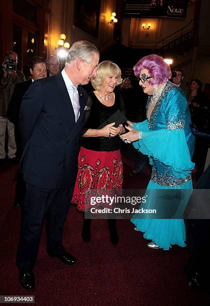 Prince Charles, Prince of Wales, Camilla, Duchess of Cornwall, Barry Humphries as Dame Edna Everage, and singer Paloma Faith arrive at The Prince's...