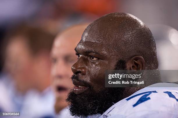 Leonard Davis of the Dallas Cowboys looks on from the bench against the New York Giants on November 14, 2010 at the New Meadowlands Stadium in East...