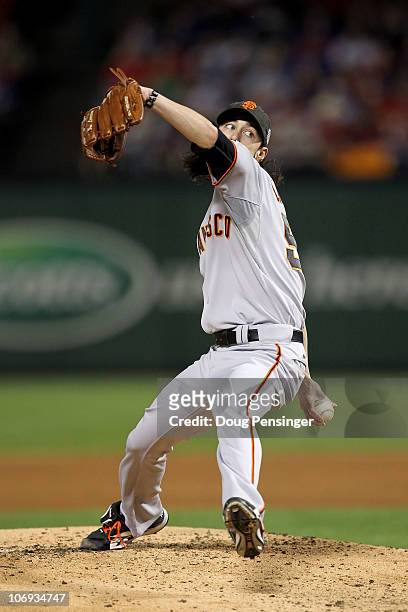 Starting pitcher Tim Lincecum of the San Francisco Giants pitches against the Texas Rangers in Game Five of the 2010 MLB World Series at Rangers...