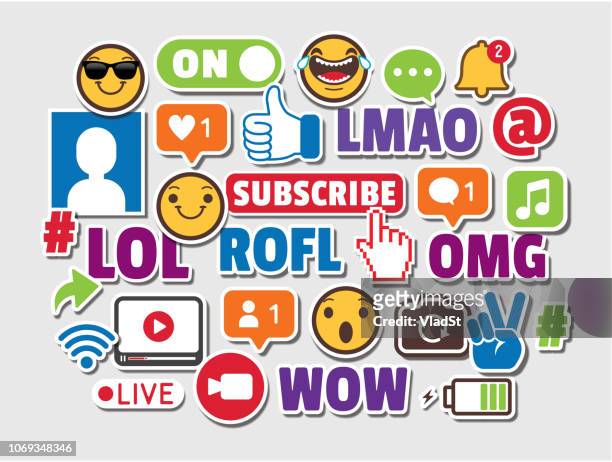 stockillustraties, clipart, cartoons en iconen met internet acroniemen social media emoticons online chat slang iconen - hashtag