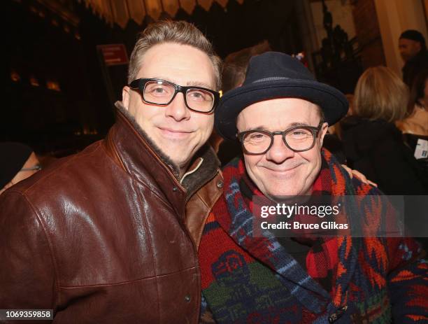 Devlin Elliott and husband Nathan Lane pose at the opening night of the play "Network" on Broadway at The Belasco Theatre on December 6, 2018 in New...