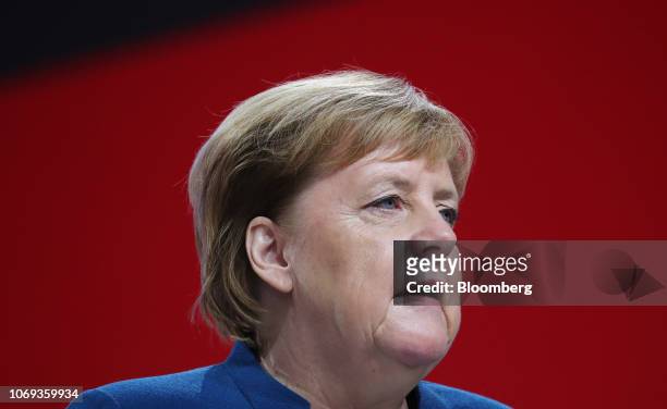 Angela Merkel, Germany's chancellor and Christian Democrat Union leader, delivers her speech at the CDU party conference in Hamburg, Germany, on...
