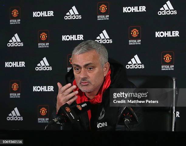 Manager Jose Mourinho of Manchester United speaks during a press conference at Aon Training Complex on December 7, 2018 in Manchester, England.