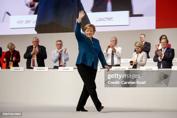 German Chancellor and leader of the German Christian Democrats Angela Merkel waves to the delegates after the speach at the 31. Federal Party...