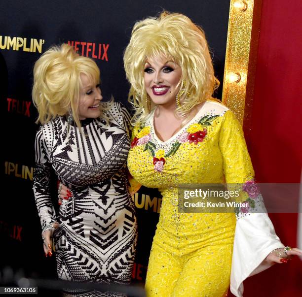 Dolly Parton and Dolly Parton impersonator Jason CoZmo arrive at the premiere of Netflix's "Dumplin'" at the Chinese Theater on December 6, 2018 in...