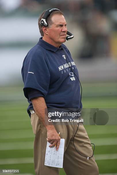 Head Coach Bill Belichick of the New England Patriots looks on during the game against the New York Jets on September 19, 2010 at the New Meadowlands...