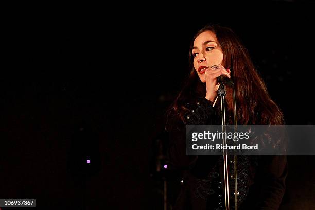 Olivia Ruiz performs live on the 'BHV Homme' stage after she launched the Christmas Illuminations at Bazar de l'Hotel de Ville on November 17, 2010...