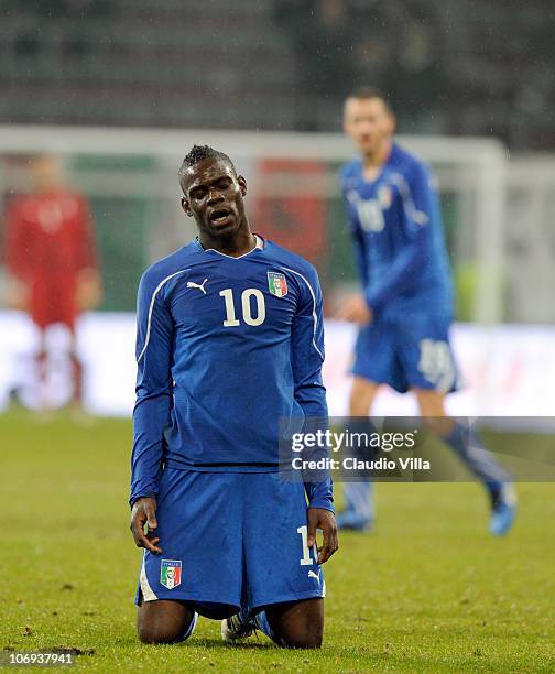Mario Balotelli of Italy dejected during the international friendly match between Italy and Romania at Hypo-Arena on November 17, 2010 in Klagenfurt,...