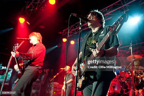 John Rzeznik and Robby Takac of Goo Goo Dolls perform on stage at O2 Academy on November 17, 2010 in Leicester, England.