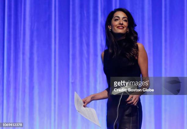Amal Clooney gives the keynote speech at the Massachusetts Conference for Women at the Boston Convention Center on Dec. 6, 2018.