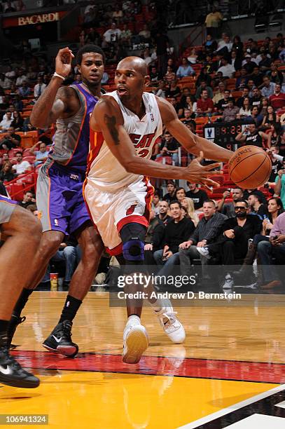 Jerry Stackhouse of the Miami Heat drives against the Phoenix Suns on November 17, 2010 at American Airlines Arena in Miami, Florida. NOTE TO USER:...