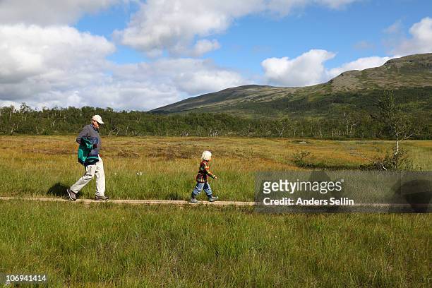grandpa and grandchild walking trail in mountain - jamtland stockfoto's en -beelden