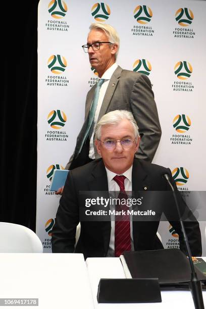 Outgoing FFA chairman Steven Lowy and FFA CEO David Gallop attend the Football Federation Australia Annual General Meeting at FFA Offices on November...