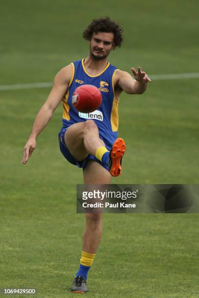 Jack Petruccelle kicks the ball during a West Coast Eagles AFL training session at Subiaco Oval on November 19, 2018 in Perth, Australia.