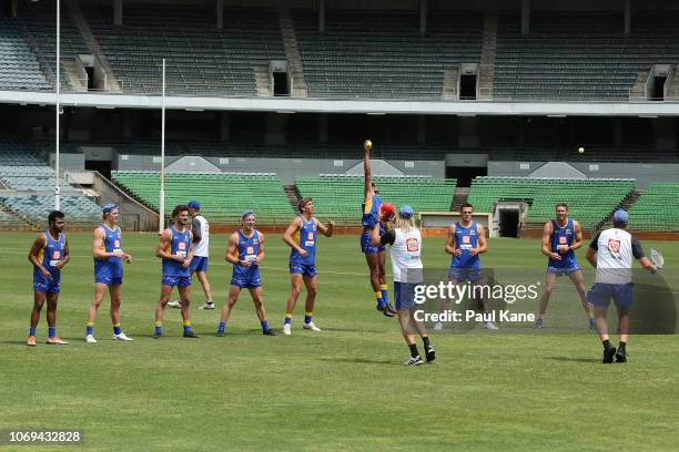 Players take part in reflex drills during a West Coast Eagles AFL training session at Subiaco Oval on November 19, 2018 in Perth, Australia.