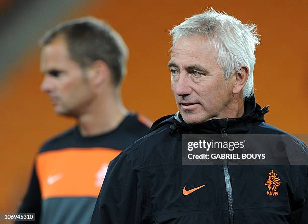 Netherlands' coach Bert Van Marwijk takes part in an official training session at Soccer City stadium in Soweto, suburban Johannesburg, on July 10,...