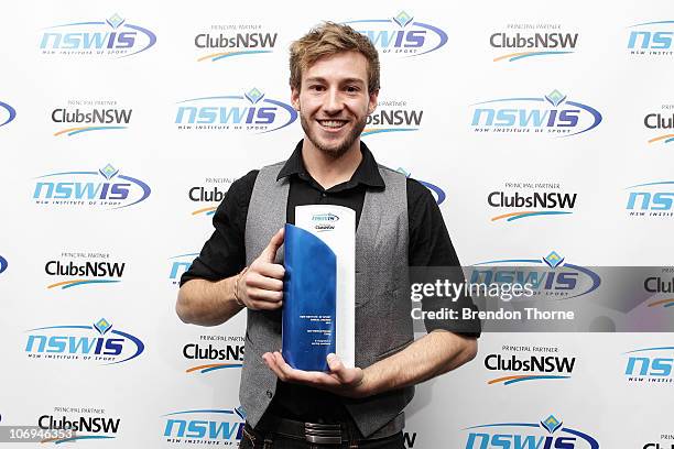Diver Matthew Mitcham poses with his award for Male Athlete of the Year at the 2010 NSWIS Awards Night at Randwick Pavilion on November 18, 2010 in...