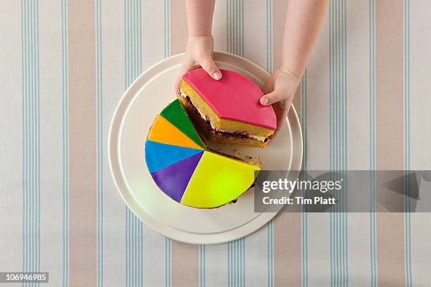 a child takes slice of a 'pie chart' cake. - cake slices stock-fotos und bilder