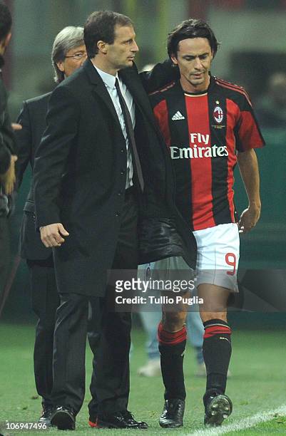 Massimiliano Allegri , coach of Milan hugs Filippo Inzaghi during the Serie A match between Milan and Palermo at Stadio Giuseppe Meazza on November...