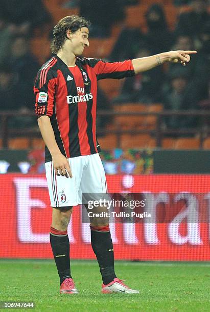 Zlatan Ibrahimovic of Milan in action during the Serie A match between Milan and Palermo at Stadio Giuseppe Meazza on November 10, 2010 in Milan,...