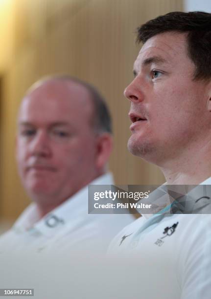 Brian O'Driscoll of Ireland and head coach Declan Kidney hold a press conference at Aviva Stadium on November 18, 2010 in Dublin, Ireland.