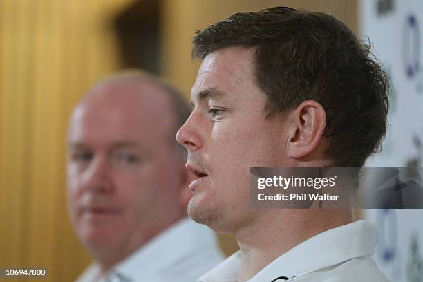 Ireland captain Brian O'Driscoll speaks to media with head coach Declan Kidney during a press conference at Aviva Stadium on November 18, 2010 in...