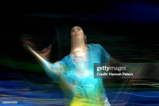 Mew Choo Wong of Malaysia competes in the Women's Badminton Singles Quarterfinal Match against Eriko Hirose of Japan during day six of the 16th Asian...