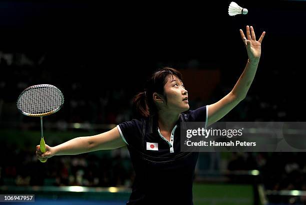 Eriko Hirose of Japan competes in the Women's Badminton Singles Quarterfinal Match against Mew Choo Wong of Malaysia during day six of the 16th Asian...