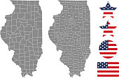 Illinois county map vector outline in gray background. Illinois state of USA map with counties names labeled and United States flag vector illustration designs