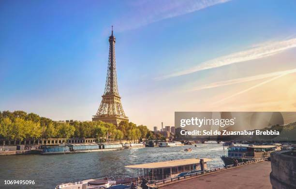 beautiful image of the eiffel tower and the seine in a magnificent sunny day - grand paris stockfoto's en -beelden