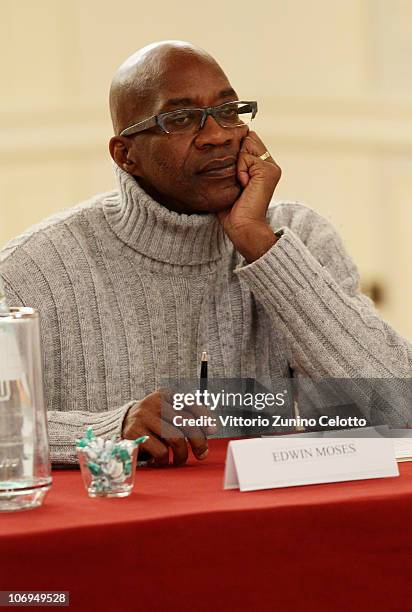 Edwin Moses attends the Laureus Academy Forum Session 3 held at Hotel Principe Di Savoia on November 18, 2010 in Milan, Italy.