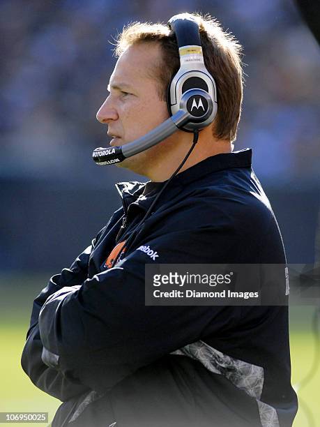 Head coach Eric Mangini of the Cleveland Browns watches the action during a game with the New England Patriots on November 7, 2010 at Cleveland...