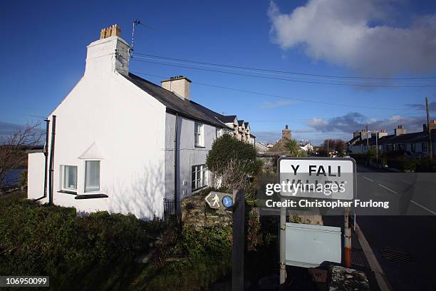 The village sign welcomes visitors to the village of Valley on the Isle of Anglesey, North Wales, on November 18, 2010 in Valley, United Kingdom....