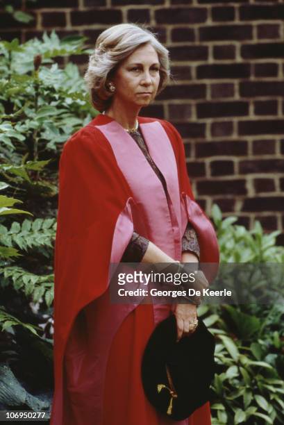 Queen Sofia of Spain receives an honorary doctorate at Cambridge University, 7th July 1988. Her husband, King Juan Carlos, also received one.
