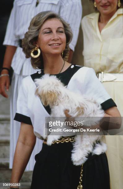 Queen Sofia of Spain in Palma de Majorca, Spain, 8th August 1987. Charles and Diana, the Prince and Princess of Wales were staying with her at the...