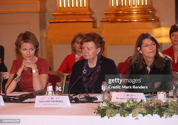 Princess Mathilde of Belgium, Vaira Vike-Greiberga and Margerida Freiberga attend a conference about " Vulnerable children on the run" at The Royal...