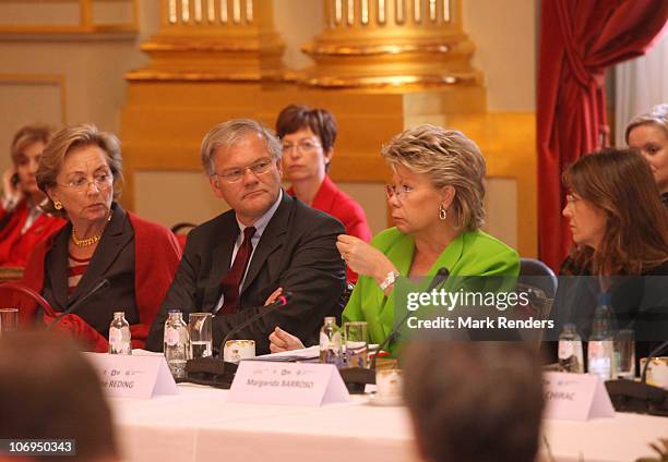 Queen Paola of Belgium, Belgian Justice Minister Stefaan De Clerck, Viviane Reding and Margerida Barroso attend a conference about " Vulnerable...