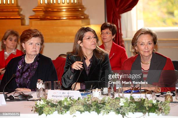 Vaira Vike-Freiberga, Margerida Barroso and Queen Paola of Belgium attend a conference about " Vulnerable children on the run" at The Royal Palace on...