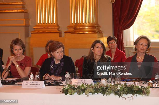 Princess Mathilde of Belgium, Vaira Vike-Freiberga, Madame Margerida Barroso and Queen Paoala of Belgium attend a conference about " Vulnerable...