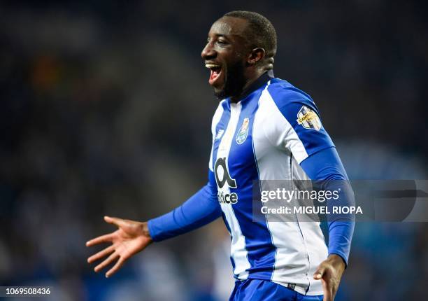 Porto's Malian forward Moussa Marega celebrates after scoring a goal during the Portuguese league 1 football match between FC Porto and Portimonense...