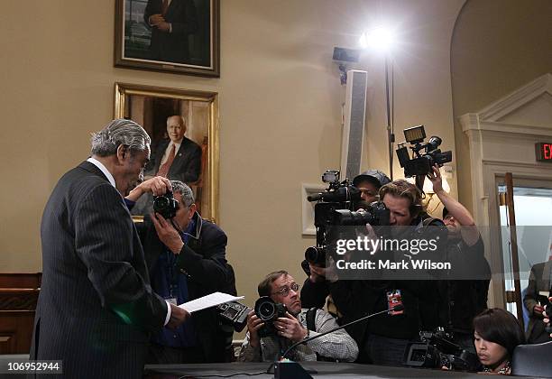 Rep. Charlie Rangel looks over a paper during a House Committee on Standards of Official Conduct hearing November 18, 2010 in Washington, DC. During...