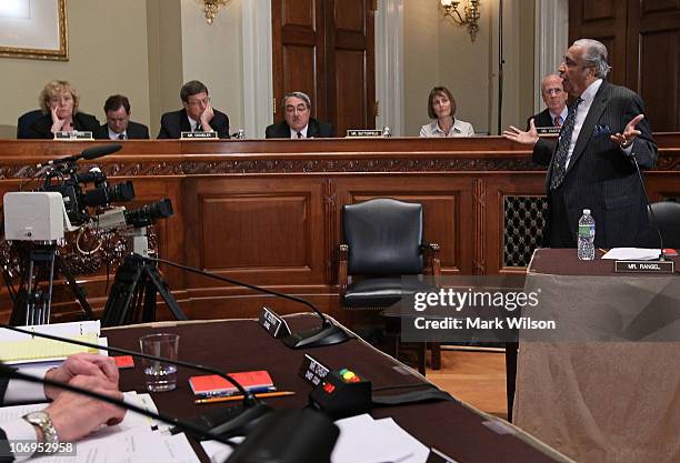 Rep. Charlie Rangel speaks during a House Committee on Standards of Official Conduct hearing November 18, 2010 in Washington, DC. During the hearing...