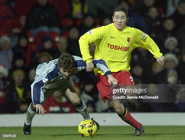 Tommy Smith of Watford battles with Lee Naylor of Wolves during the Nationwide Division One game between Watford and Wolverhampton Wanderers at...