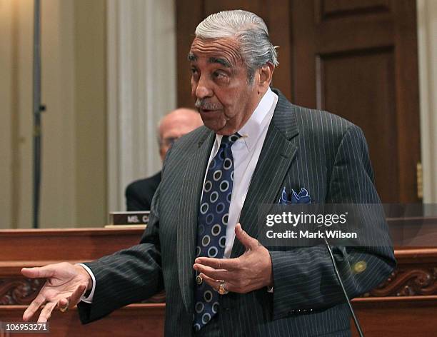 Rep. Charlie Rangel speaks during a House Committee on Standards of Official Conduct hearing November 18, 2010 in Washington, DC. During the hearing...