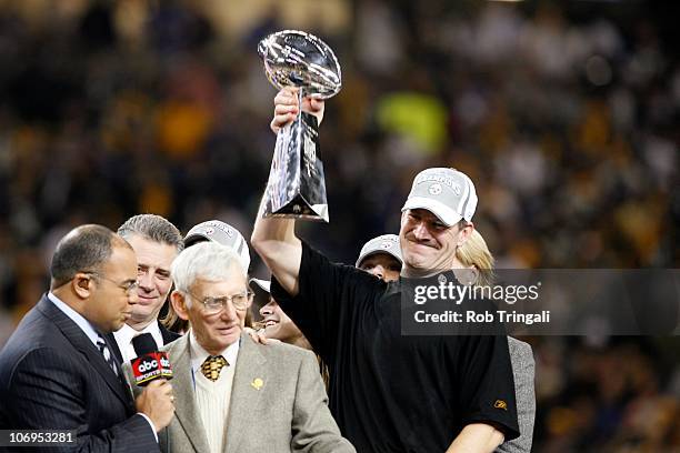 Bill Cowher head coach of the Pittsburgh Steelers celebrates after Super Bowl XL played between the Pittsburgh Steelers and The Seattle Seahawks at...