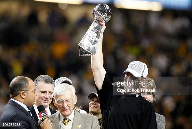 Bill Cowher head coach of the Pittsburgh Steelers celebrates after Super Bowl XL played between the Pittsburgh Steelers and The Seattle Seahawks at...