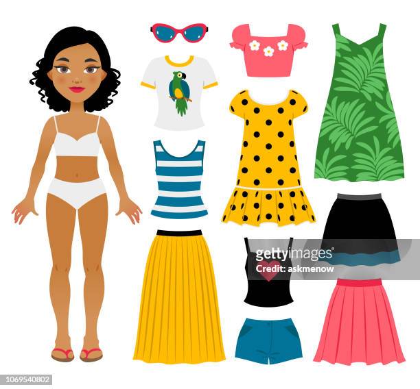 illustrazioni stock, clip art, cartoni animati e icone di tendenza di set di abiti estivi per ragazze - top capo di vestiario